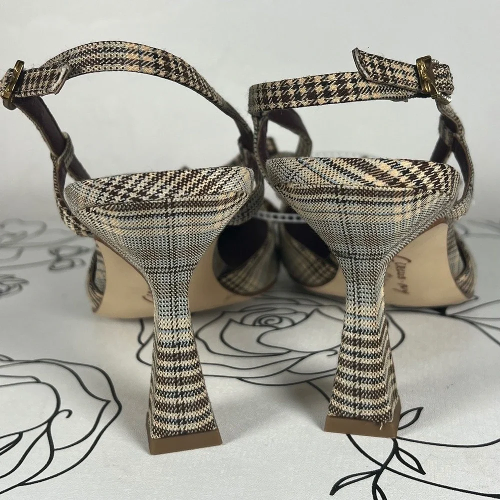 Circus by Sam Edelman Monica Plaid Slingback Pumps Kitten Heel Bow Tan Brown 10